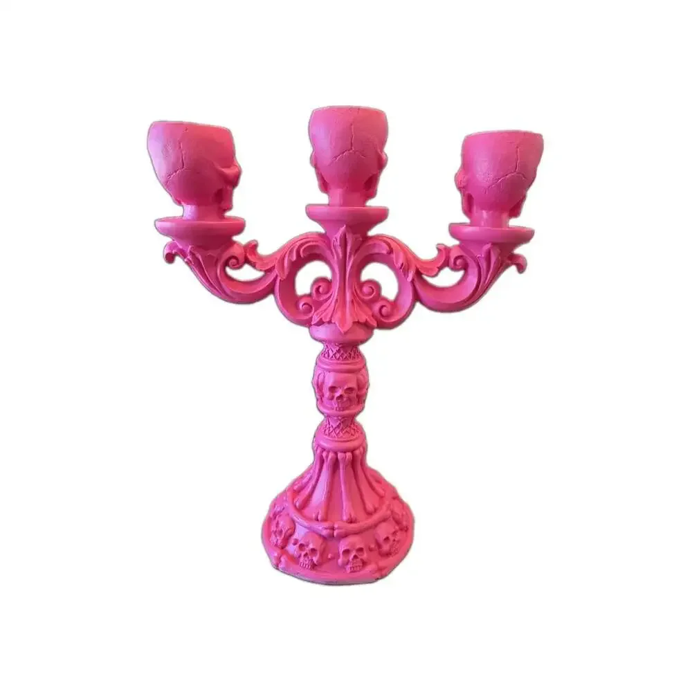 New Large Pink Halloween Skull Candelabra Candle Stick Holder Holiday Room Decor